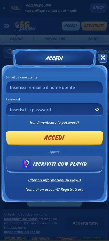 Schermata di accesso SG Casino