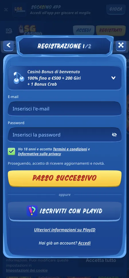 Modulo di registrazione SG Casino passo 1